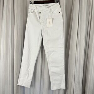 Cello Women's White High Waist Straight Criss Cross Fringe Hem Button Fly NWT